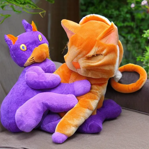Prompt: orange tabby cat hugs plush purple dragon, cute, cozy