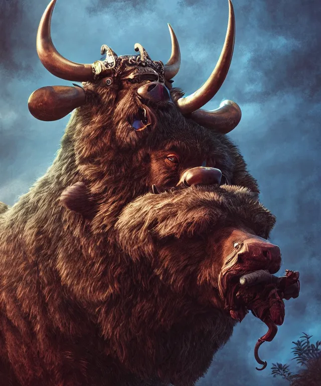 Image similar to an anthropomorphic bull wearing a bear's head, crisp 8 k line art, digital painting, artstation, unreal engine, octane render, emissive lighting, concept art, matte, sharp focus, hyper realistic lighting, illustration, art by junto ito and takato yamamoto and philippe druillet