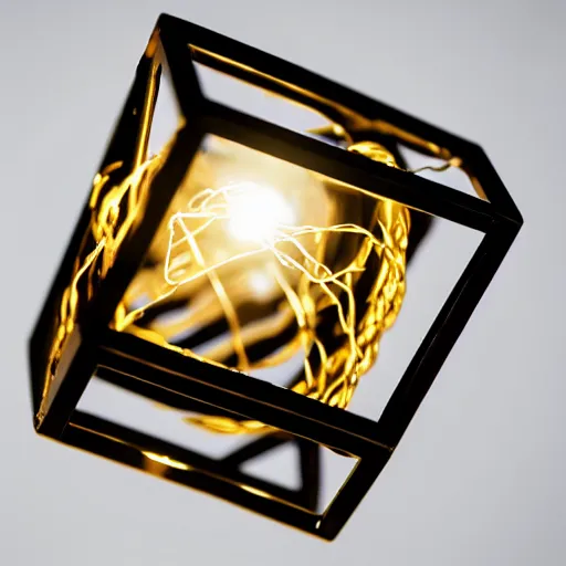 Prompt: a single black cube with shiny golden wire around the cube, pulsing with light from the inside