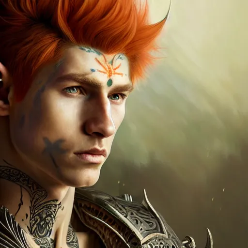 Image similar to portrait painting of an elven male teen with short light orange hair and tribal tattoos on his face wearing fur armor, ultra realistic, concept art, intricate details, eerie, highly detailed, photorealistic, octane render, 8 k, unreal engine. art by artgerm and greg rutkowski and charlie bowater and magali villeneuve and alphonse mucha
