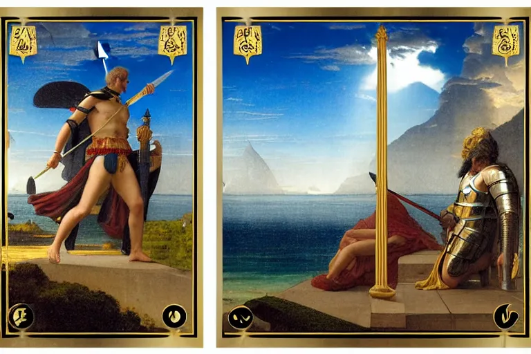 Image similar to Knight on front of balustrade and palace columns, refracted lightnings on the ocean, thunderstorm, tarot cards characters, beach and Tropical vegetation on the background major arcana sky and occult symbols, by paul delaroche, hyperrealistic 4k uhd, award-winning, very detailed paradise