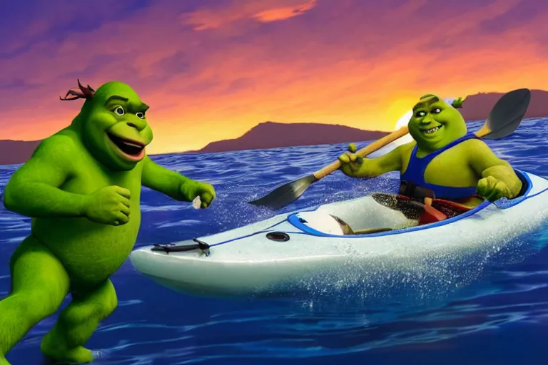 Image similar to a photo of shrek and sonic kayaking in the ocean during a beautiful sunset, photorealistic, hd, 8 k