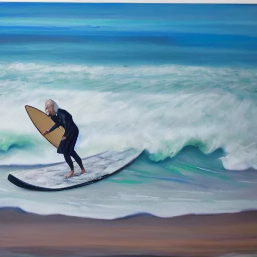 Prompt: albus dumbledore surfing on a beach, oil painting 4k