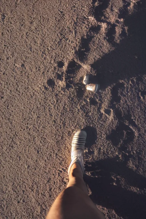 Image similar to a full body photography of an astronaut walking on the surface of the moon, bottom - view, focus on his foot, photography, photo - shot, shooting, cinematic lighting, 8 k