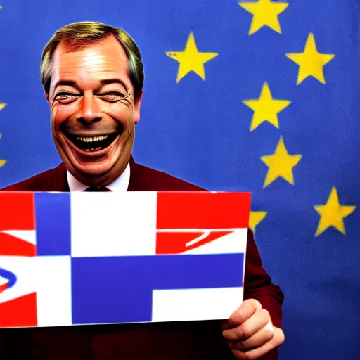 Image similar to nigel farage laughing holding burning eu flag, studio photograph, hd, studio