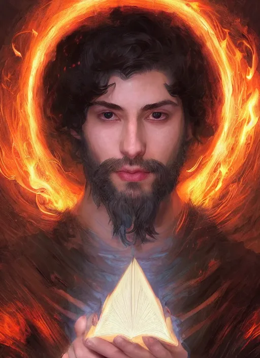 Image similar to character concept portrait of an attractive young focused Spanish wizard with pale skin enchanting a flaming love spell, a floating iridescent spell book in the center, intricate, elegant, digital painting, concept art, smooth, sharp focus, illustration, from Metal Gear, by Ruan Jia and Mandy Jurgens and William-Adolphe Bouguereau, Artgerm