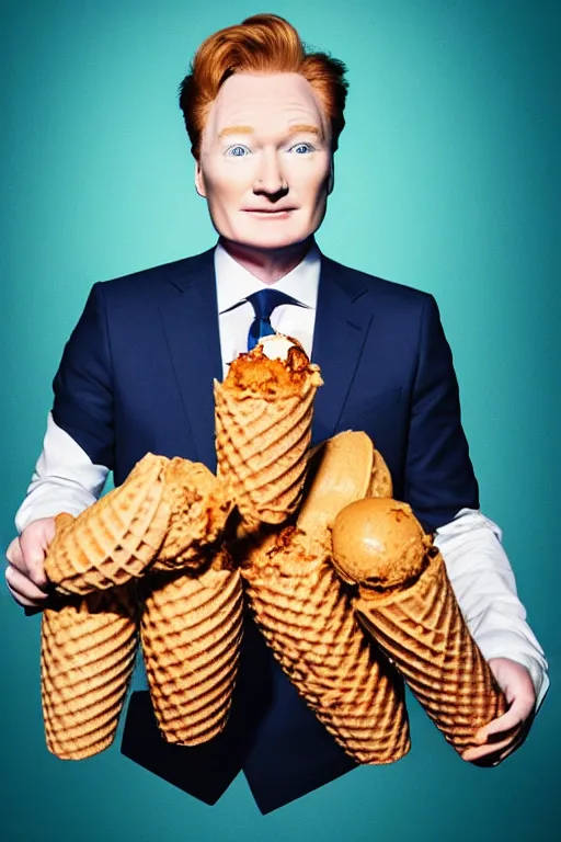 Prompt: 📷 conan o'brien the ice - cream cone 🍦, made of food, portrait still image, dynamic lighting, 4 k