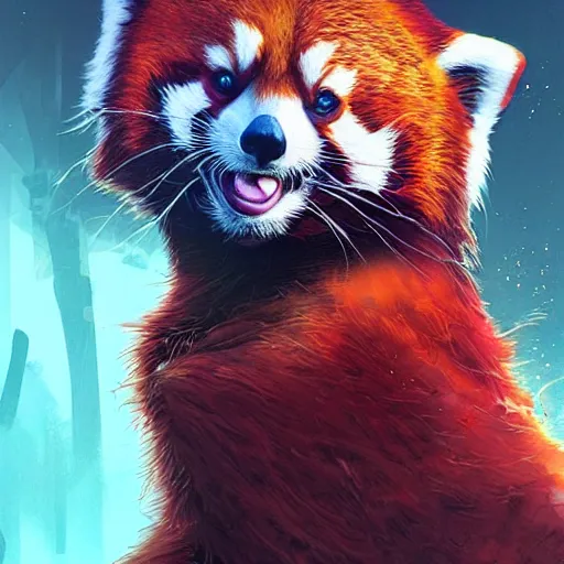 Image similar to red panda as defcon character, digital illustration portrait design, by android jones and greg rutkowski, retrowave color scheme, detailed, cinematic lighting, wide angle action dynamic portrait