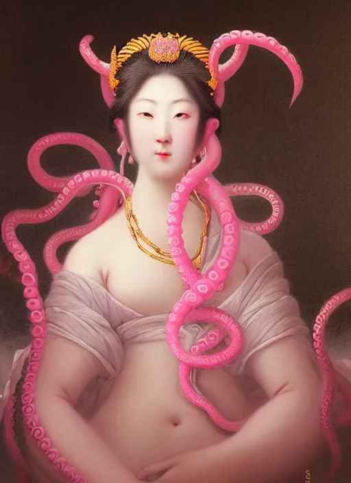 Image similar to stunning japanese godess princess, detailed pink and white of tentacles head peace against a black backdrop by ivan aivazovsky, 3 / 4 view portrait, wlop, super sharp details, photorealism, canon 5 d, 5 0 mm lens, stunning photoshot, beautiful soft lighting, muted colours, artstation