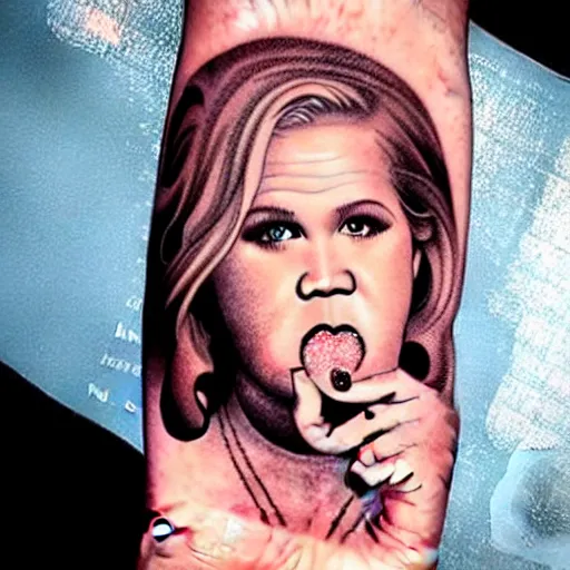 Prompt: tattoo of a violently drunk amy schumer