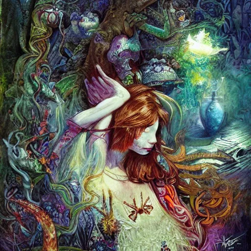 Image similar to alice in wonderland tripping on ayahuasca, intricate detail, painting, royo, frazetta, whealan,