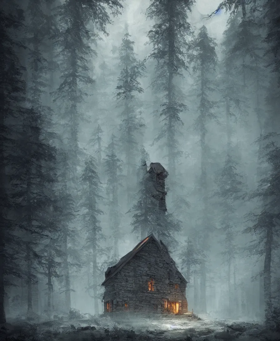 Prompt: of a beautiful scary Hyperrealistic stone cabin with smoke from chimney in the middle of a dark and creepy forest, macro lens, highly detailed, digital painting, trending artstation, concept art, illustration, cinematic lighting, vibrant colors, photorealism, epic, octane render