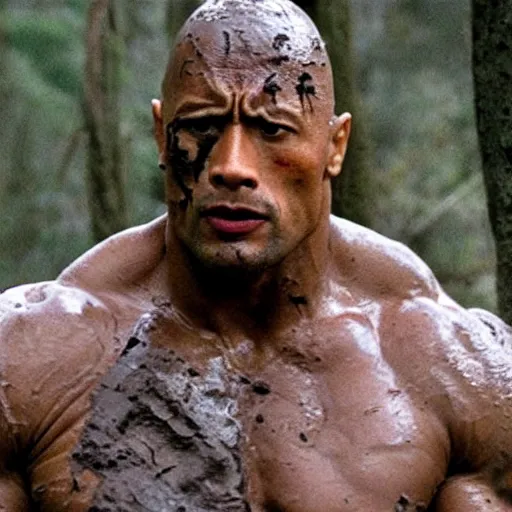 Prompt: film still of a mud - covered dwayne johnson as dutch looking in panic in predator 1 9 8 7, hd, 8 k