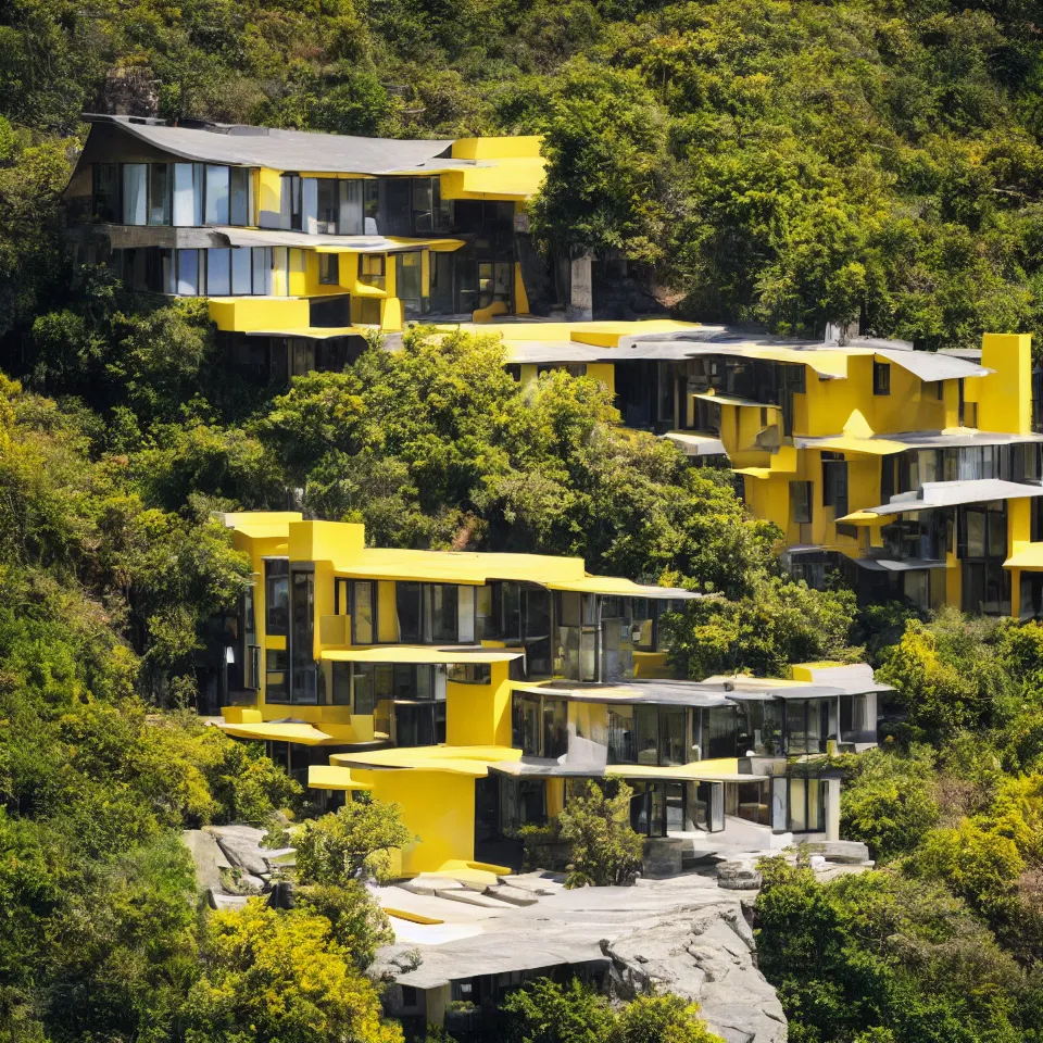 Image similar to a mid-century modern house on top of a cliff, designed by Frank Gehry. Big tiles. Small wooden pathway . Film grain, cinematic, yellow hue