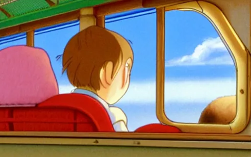 Image similar to a young girl and her pet capybara sitting in a train, art by hayao miyazaki, studio ghibli film, hi res, 4k, high detail