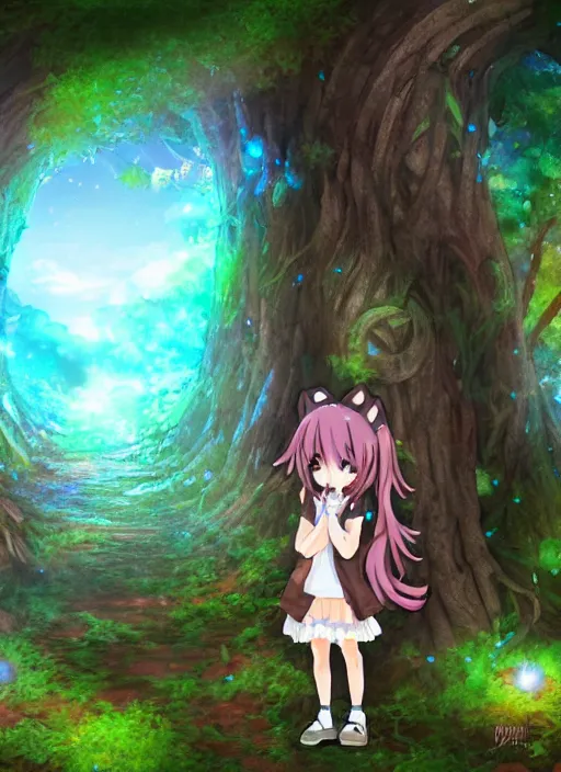 Prompt: An anime catgirl stands next to a ruined portal in a magical forest, detailed digital art