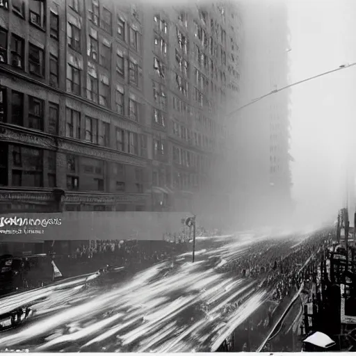 Image similar to old black and white photo, 1 9 1 3, depicting a giant alien kaiju monster rampaging through the bustling streets of new york city, historical record, volumetric fog