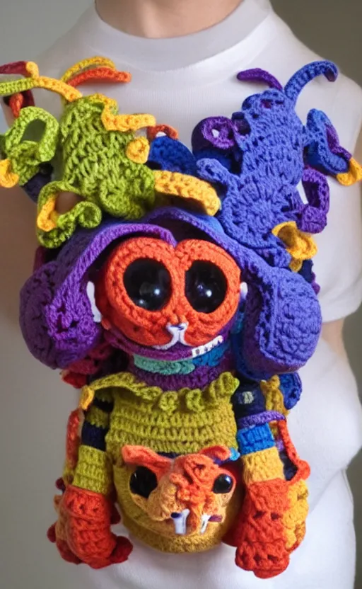 Prompt: multicolored crocheted cyborg cat