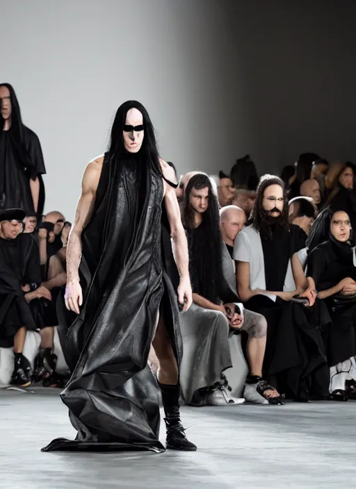 Image similar to hyperrealistic and heavy detailed rick owens avant garde runway show of batman, leica sl 2 5 0 mm, vivid color, high quality, high textured, real life