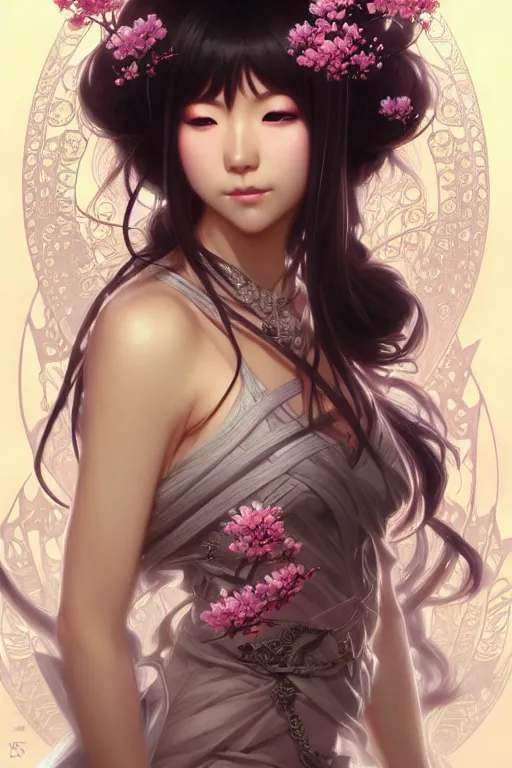 Image similar to Portrait of japanese gyaru, D&D, dark fantasy, sakura blooming on background, intricate, elegant, highly detailed, digital painting, artstation, concept art, smooth, sharp focus, illustration, art by artgerm and greg rutkowski and alphonse mucha