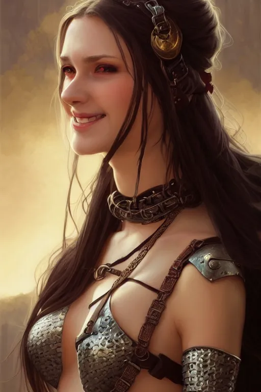 Prompt: Portrait of seductive female fighter, D&D, revealing full chainmail, choker on neck, very long flowing hair, mouth slightly open, cute slightly nerdy smile, fantasy, intricate, elegant, stylish, highly detailed, digital painting, artstation, concept art, smooth, sharp focus, illustration, art by artgerm and greg rutkowski and alphonse mucha