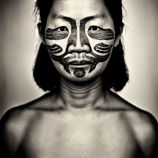 Image similar to grizzled young chinese woman with tribal face tattoos and facial hair, black & white, richard avedon, 5 0 mm, grainy, low light