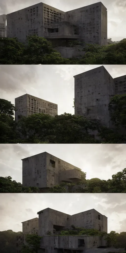 Prompt: brutalist architecture by Le Corbusier, high magnificent abandoned buildings, surrounded by lush green vegetation, stunning volumetric lighting, sunset, solid concrete, stunning skies, trending on Artstation, 8k, photorealistic, hyper detailed, unreal engine 5, IMAX quality, cinematic, epic lighting, in the style of DOOM and Quake and Greg Rutkowski