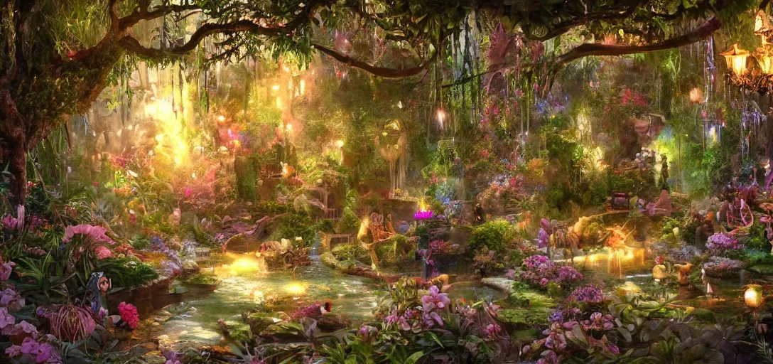 Prompt: beautiful a magic garden, with monkeys, diamonds, fairies and scissors, details, smooth, sharp focus, illustration, realistic, cinematic, artstation, gold, ornate, award winning, original modern artwork, rgb ethereal lighting, 8k