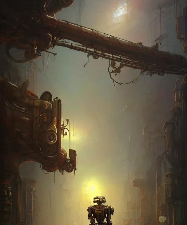 Image similar to an rusty old vintage sci - fi robot, standing an abandoned alleyway, dnd character art portrait, matte fantasy painting, deviantart artstation, by jason felix by steve argyle by tyler jacobson by peter mohrbacher, cinematic lighting