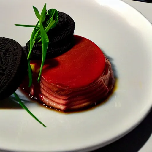 Prompt: Alinea dish Toreo - it's toro tuna that looks exactly like an oreo