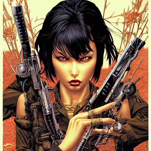 Image similar to portrait of crazy lara croft, symmetrical, cinematic colors, by yoichi hatakenaka, masamune shirow, josan gonzales and dan mumford, ayami kojima, takato yamamoto, barclay shaw, karol bak, yukito kishiro