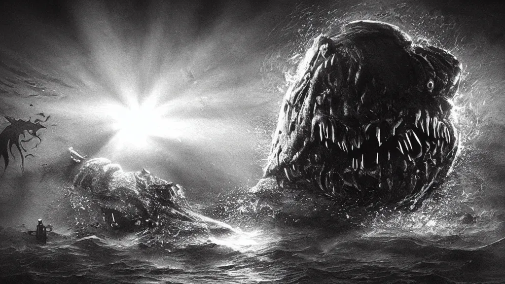 Image similar to a huge monster of the deep emerges out of the dark to attack a small submersible, horror, eerie lighting, god rays