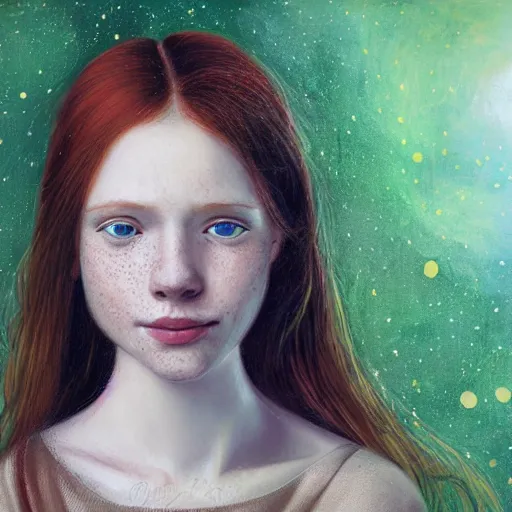 Prompt: portrait of a red haired girl, long hair, green eyes, hint of freckles, beautiful round face, soft amazed smiles, among golden fireflies, highly detailed, deep focus, elegant, digital painting, smooth, sharp focus, golden ratio, illustration, ultra realistic, 8 k, art by leonardo da vinci
