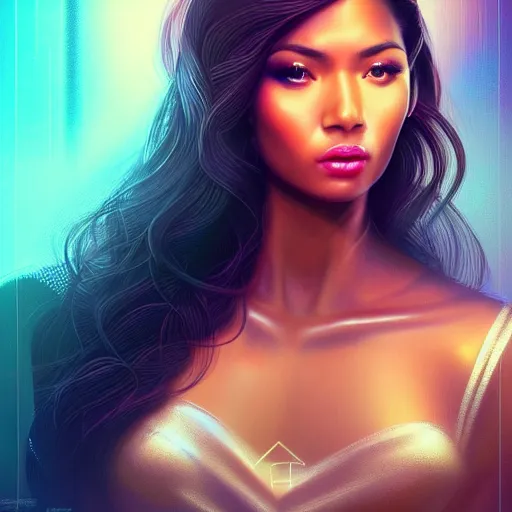 Image similar to ( ( ( portrait of tech goddess ) ) ), zoom, rule of thirds, atmosphere, intricate, regal, latinas, ( brown skin ), symmetrical!!, loreal, maybelline, sephora, loreal, artstation, art by artgerm and gonzalo ordonez arias, moody, concept art, filmic, vsco