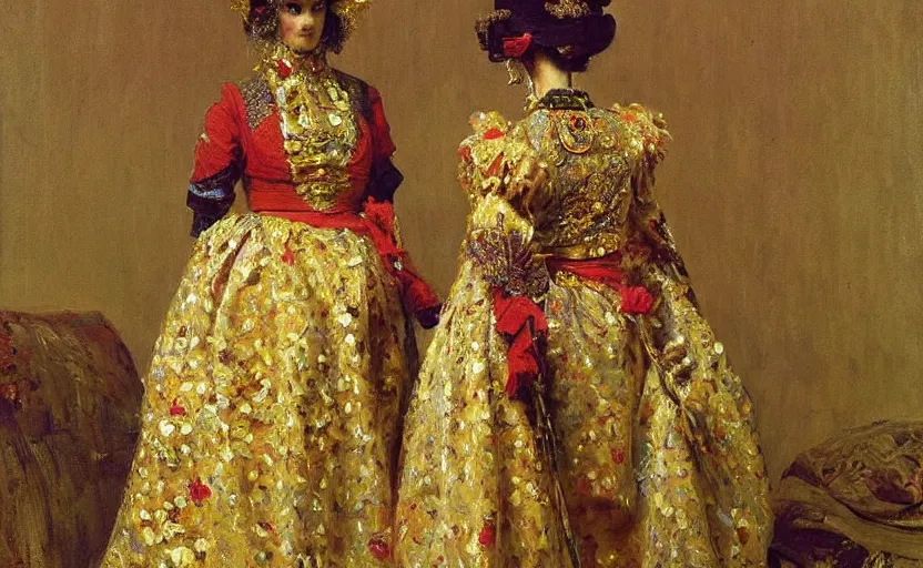 Image similar to high quality high detail painting by ilya repin, intricate costume design, orientalist, partially gold, ornate, elite, luxury, hd