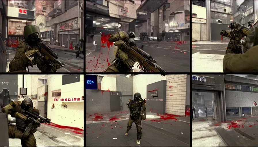 Image similar to 1994 Video Game Deathcam Screenshot, Anime Neo-tokyo Cyborg bank robbers vs police, Set inside of the Bank Lobby, Multiplayer set-piece in bank lobby, Tactical Squad :9, Police officers under heavy fire, Police Calling for back up, Bullet Holes and Blood Splatter, :6 Gas Grenades, Riot Shields, Large Caliber Sniper Fire, Chaos, Anime Cyberpunk, Anime Bullet VFX, Machine Gun Fire, Violent Gun Action, Shootout, :7 Inspired by Escape From Tarkov + Intruder + Payday 2 :9 by Katsuhiro Otomo: 9