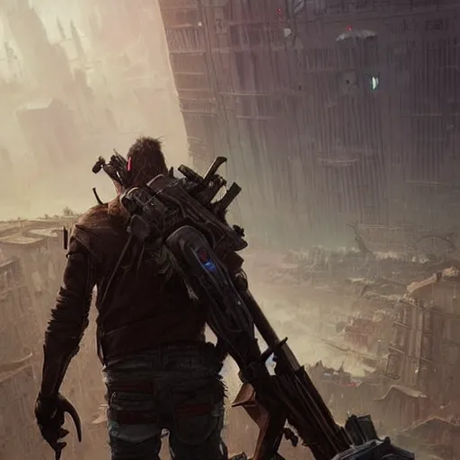 Image similar to a man wearing junk armor and scrapped jeans and holding an shotgun standing behind an apocalyptic city, Matte painting , detailed painting, greg rutkowski