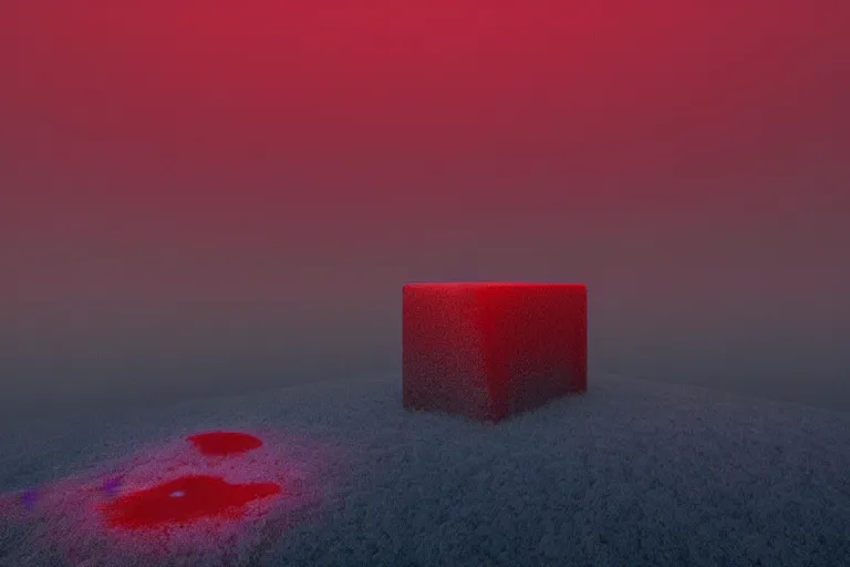 Image similar to a hd render of a surreal frozen landscape, cinematic lighting, by beeple and zdzisław beksinski, hovering red cube spilling blood