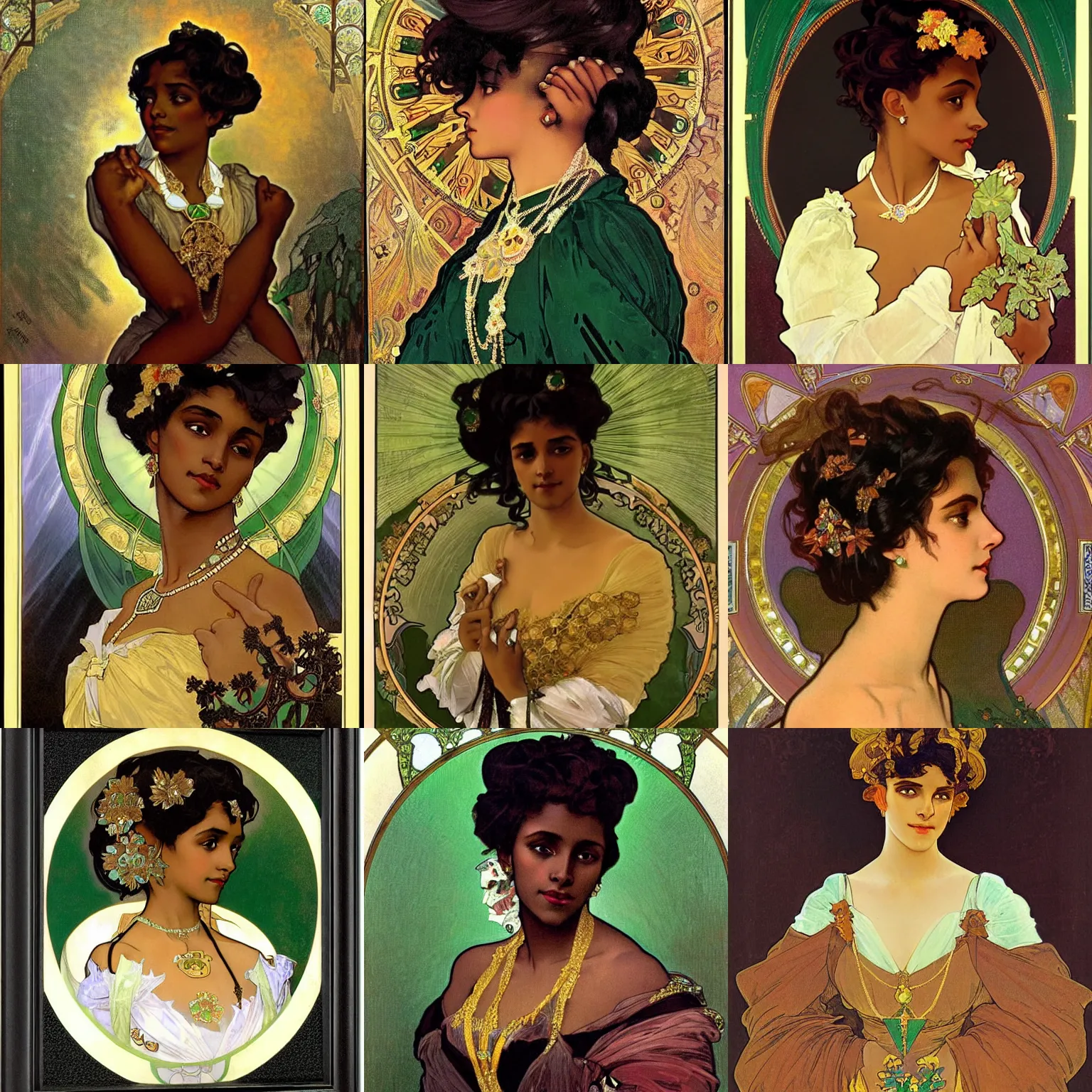 Prompt: A dark-skinned duchess with an updo wearing an emerald dress and gold jewelry, fantasy character portrait by Alphonse Mucha