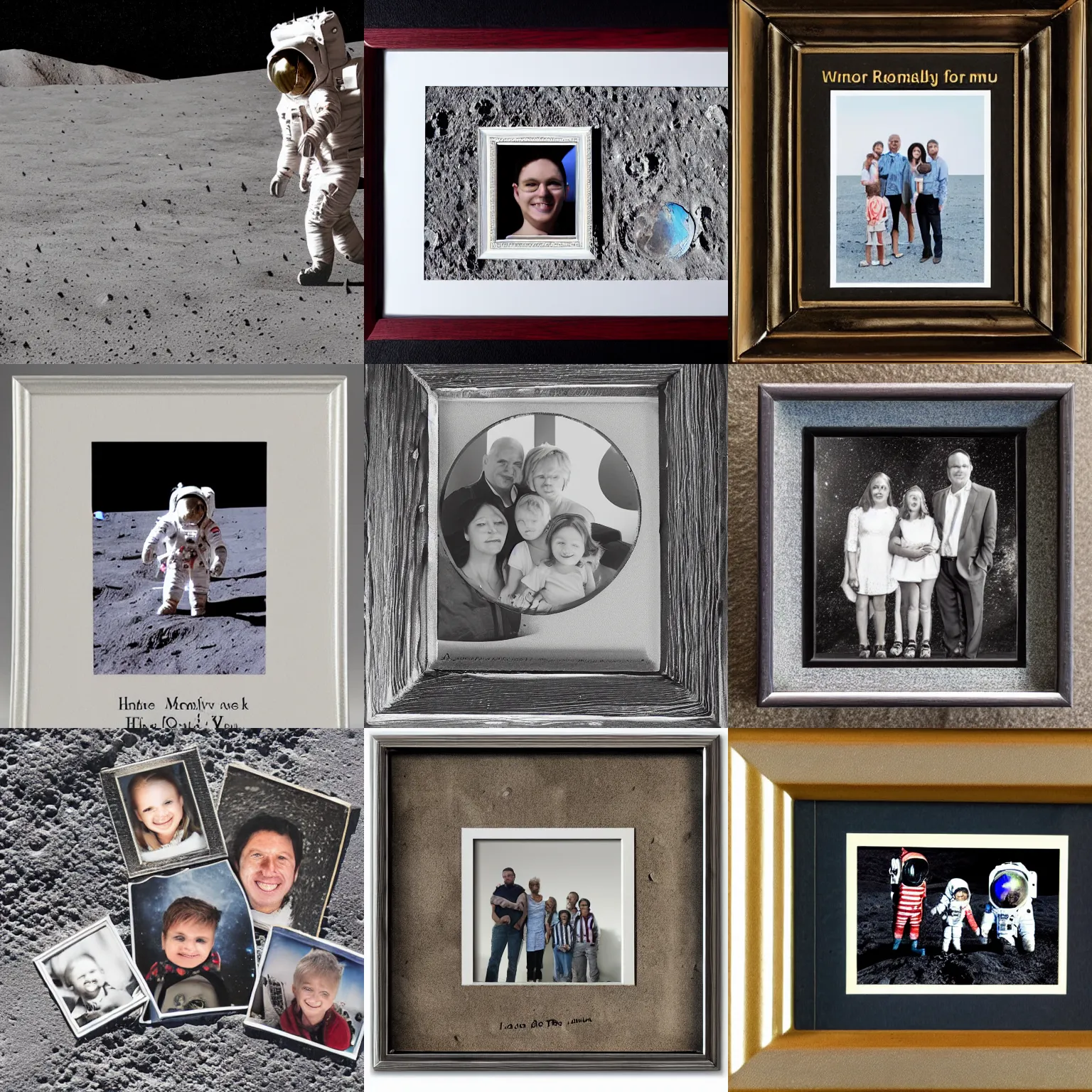 Prompt: a small framed family photo left behind on the ground of the moon. hyper realistic, hyper detailed, sharp focus