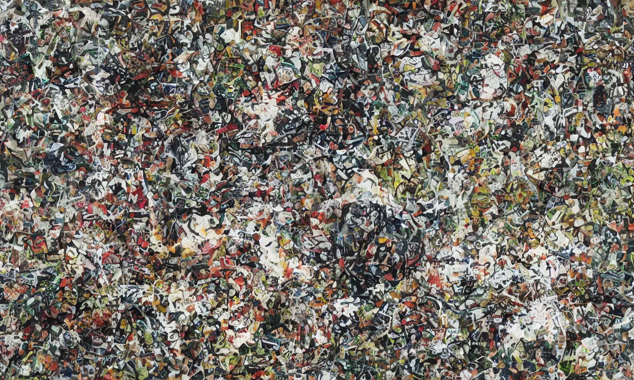 Prompt: cornucopia tick-tock, time machine of consequences, jackson pollock, splatter paint on canvas