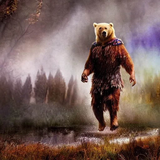 Prompt: shaman in the bear skin dancing in the field under the epic colourful rain, photo realistic, highly detailed, hyperrealistic, Chronicles of Narnia movie style 8k,