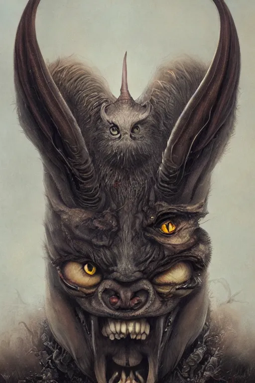 Image similar to a portrait of a devil animal illustrated by miyazaki by karol bak, james jean, tom bagshaw, rococo, sharp focus, trending on artstation, cinematic lighting, hyper realism, octane render, 8 k, hyper detailed, vivid, ultra detailed, highly detailed