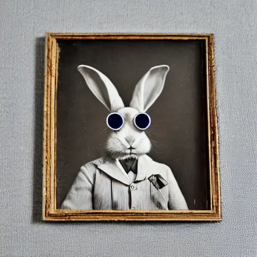 Prompt: a rabbit wearing a monocle, antique photograph