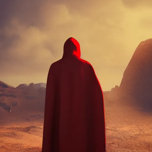 Image similar to view from the back warrior holding two swords, full body worn out damaged cape, red hoodie, worn out clothes, floating sand, concept art, volumetric light, full body shot, 8K, trending on artstation