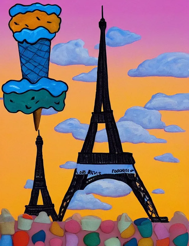 Prompt: a funny painting of the eiffel tower in paris made of scoops of ice cream in different colors on a very sunny bright summer sunset day in the style of james jean and fernando botero