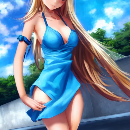 Prompt: a very beautiful young anime skater girl, full body, long wavy blond hair, sky blue eyes, full round face,, bikini, miniskirt, front view, mid - shot, highly detailed, cinematic wallpaper by stanley artgerm lau