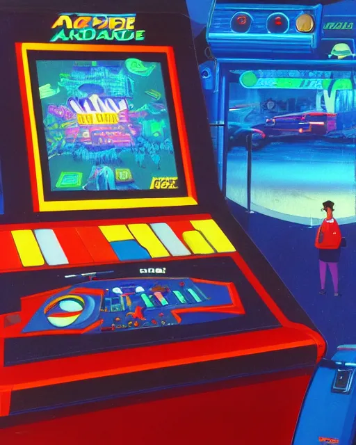 Image similar to arcade start screen. 8 0 s era technology, vintage shapes, retro technology, vintage color, wayne barlow, oil on canvas, deep depth of field, masterpiece, cinematic composition, hyperdetailed