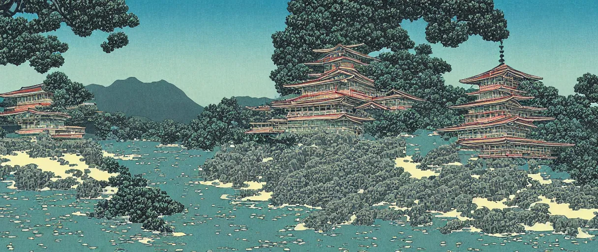 Image similar to a crumbling island in space, waterfalls, in style kawase hasui, digital art, detailed, depth of field