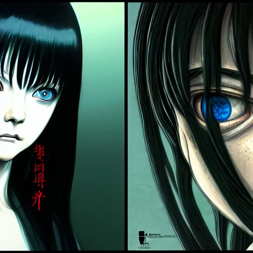 Image similar to i see you palp by junji ito, green red black blue eyes and long black hair by junji ito, painted by junji ito, rtx reflections, octane render 1 2 8 k, extreme high intricate details by junji ito, digital anime art by junji ito, wide shot, composition by tom bagshaw, lighting by stable diffusion